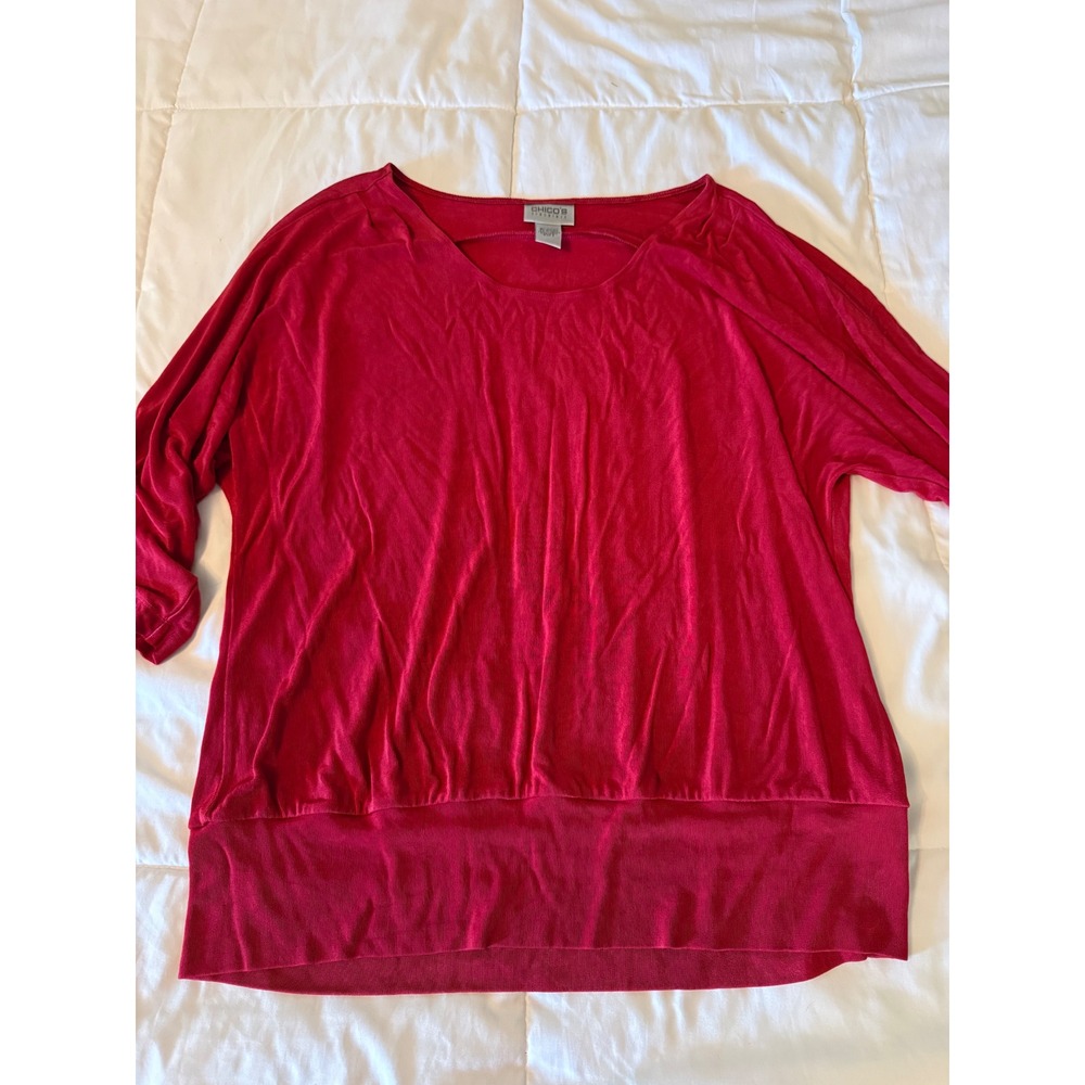 Chicos Travelers Red Banded Hem Dolman Sleeve Blouse Top Size 3 XL
